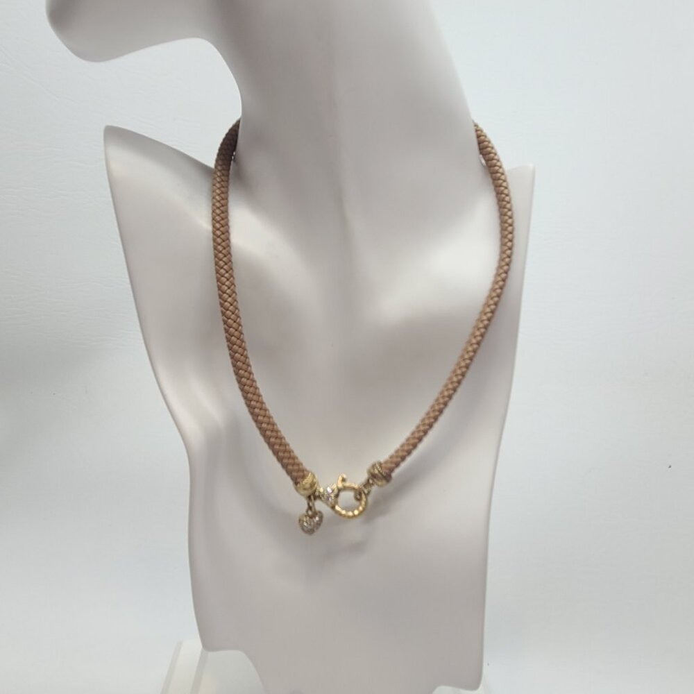 Judith Ripka Sterling Siler 925 Gold Plate Sandy Brown Leather Heart Necklace